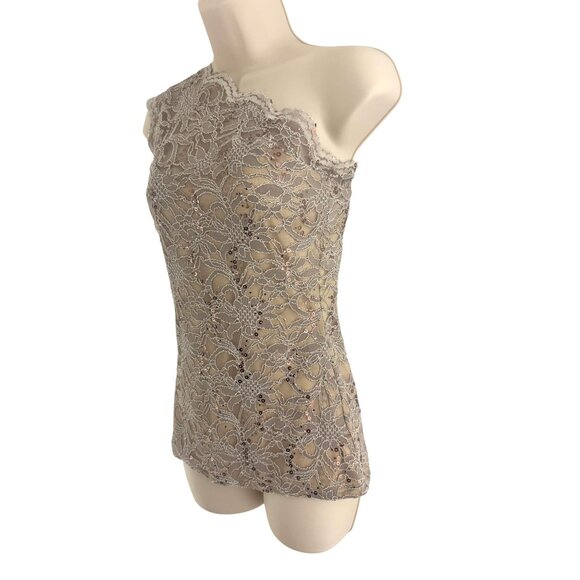 Boston Proper Beige Tan Sparkly Lace One Shoulder Lined Top Shirt Tank Size XS - Picture 3 of 8